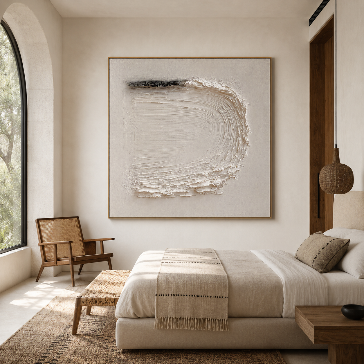 Minimalist textured abstract wall art with raised white curved brushstroke and small black accent on neutral cream background