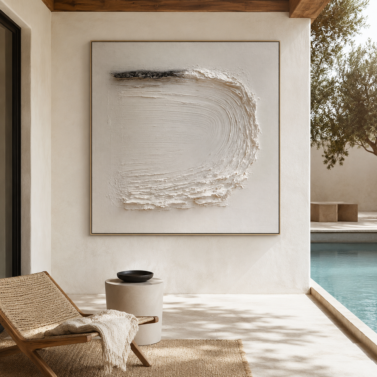 Minimalist textured abstract wall art with raised white curved brushstroke and small black accent on neutral cream background