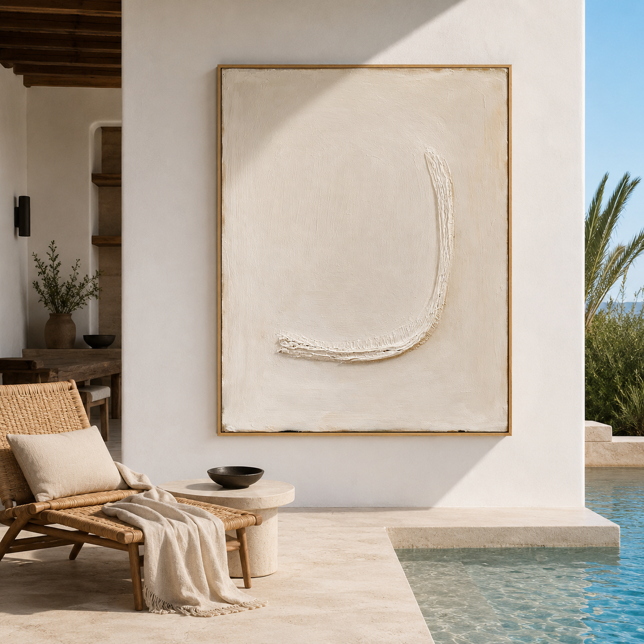 Minimalist textured abstract wall art with raised white arc on soft cream beige background