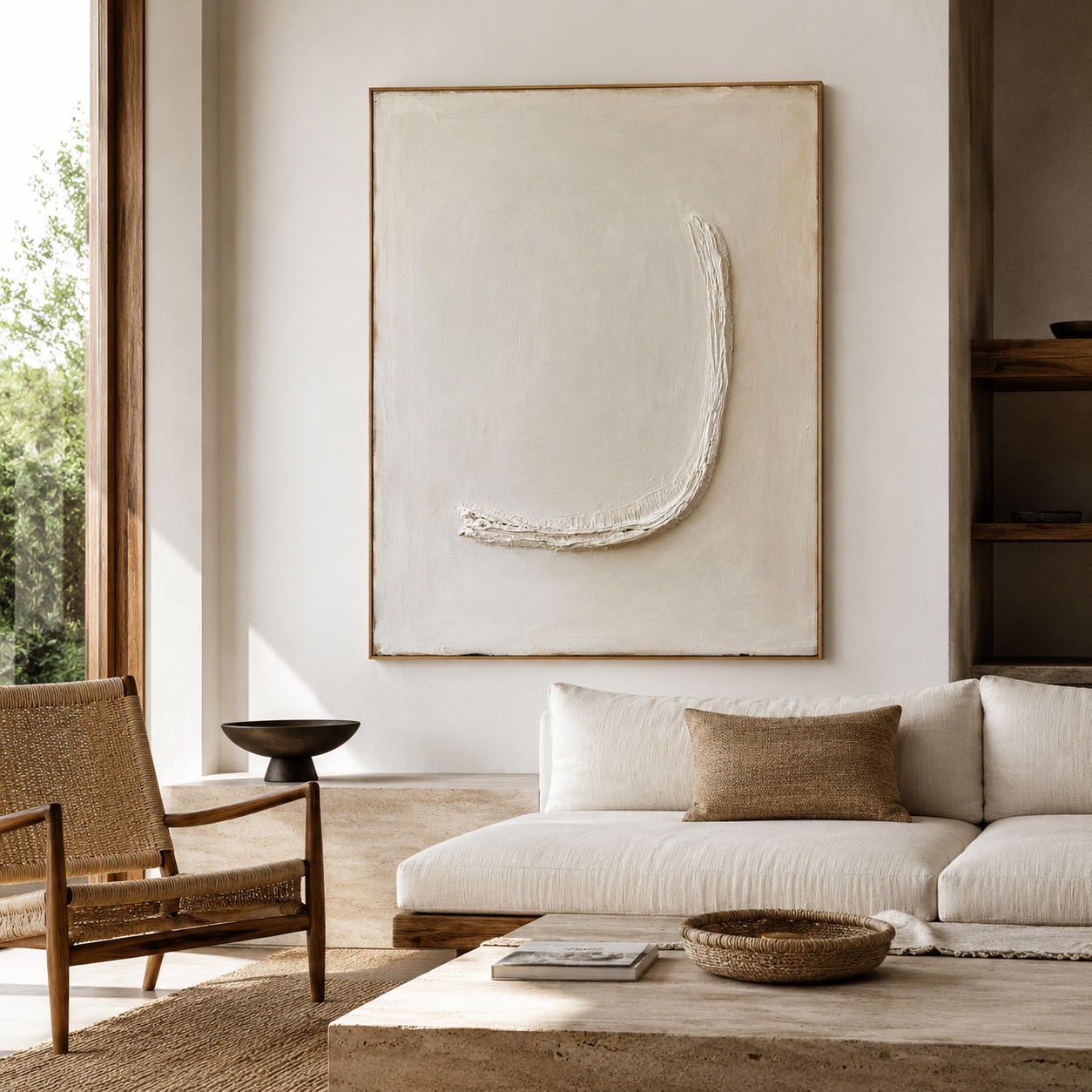 Minimalist textured abstract wall art with raised white arc on soft cream beige background