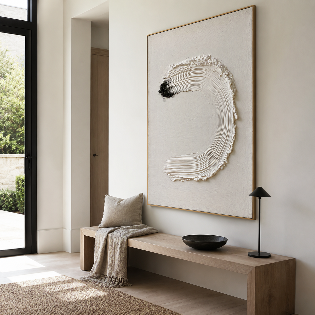 Minimalist textured abstract wall art with raised white arc brushstroke and black accent on neutral cream background