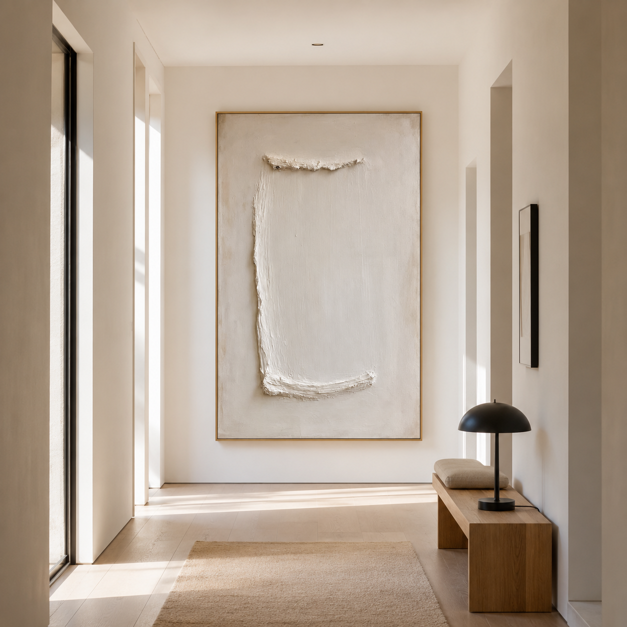 Minimalist textured abstract wall art with raised white rectangular brushstroke on soft cream beige background