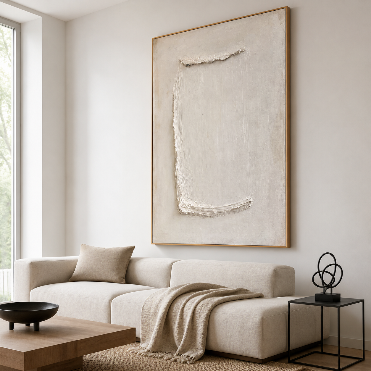 Minimalist textured abstract wall art with raised white rectangular brushstroke on soft cream beige background