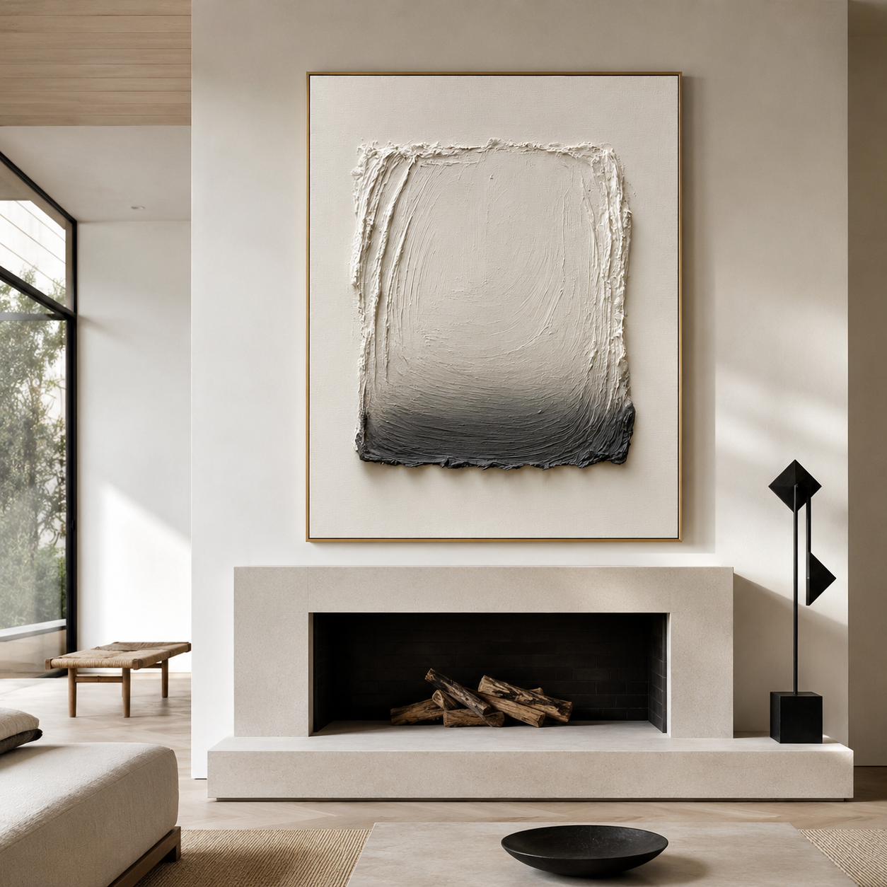 Neutral textured abstract wall art with raised cream rectangle fading into charcoal black on a warm white background