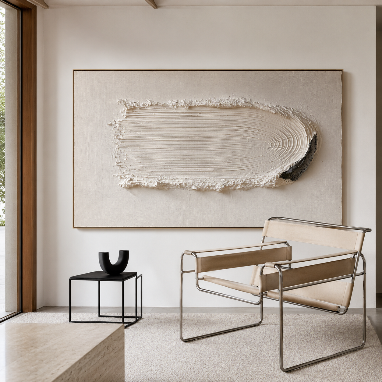 Minimalist textured abstract wall art with raised white horizontal brushstroke and black accent on neutral cream background