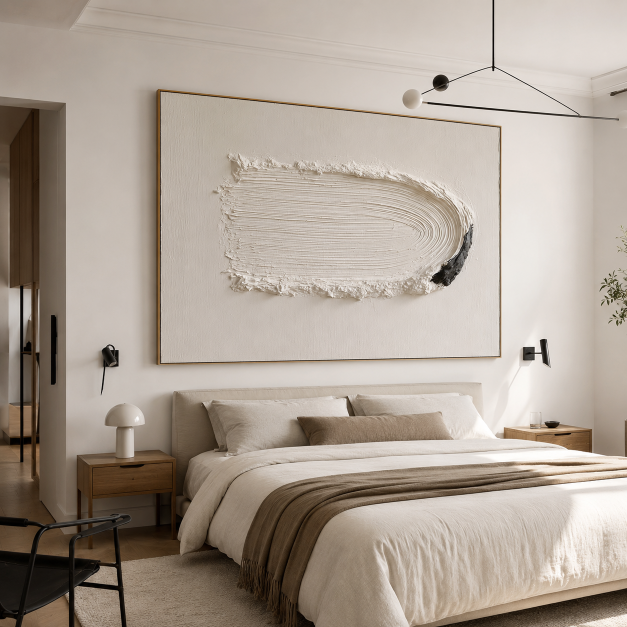 Minimalist textured abstract wall art with raised white horizontal brushstroke and black accent on neutral cream background