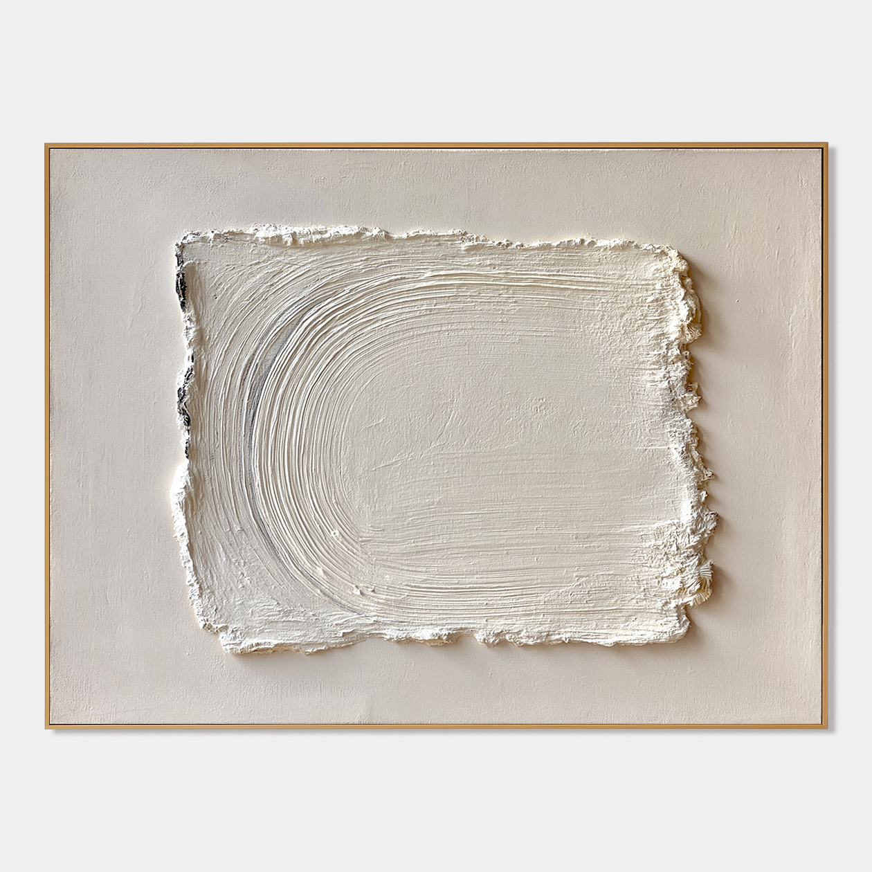 Minimalist textured abstract wall art with raised white rectangle brushstroke on soft cream beige background
