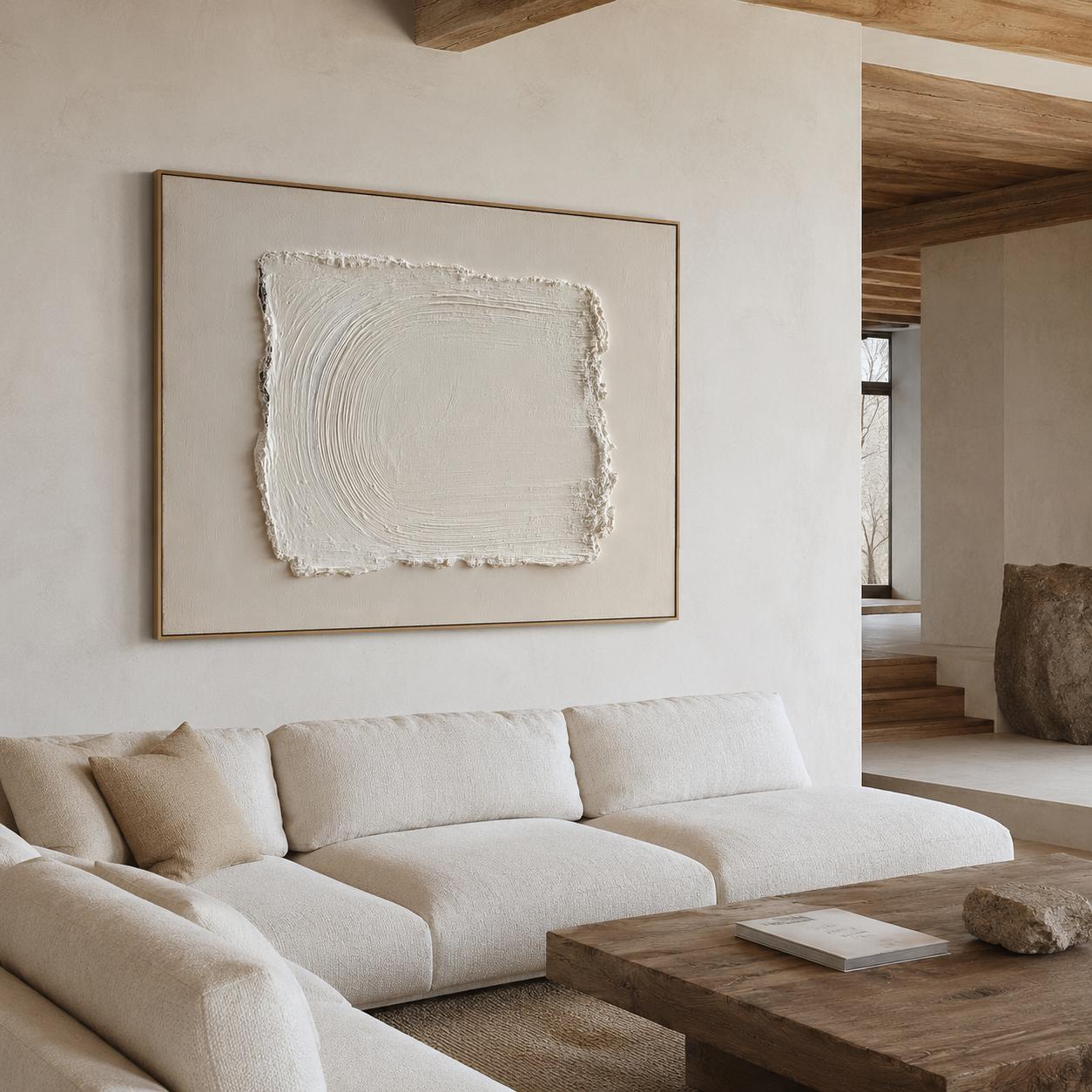 Minimalist textured abstract wall art with raised white rectangle brushstroke on soft cream beige background