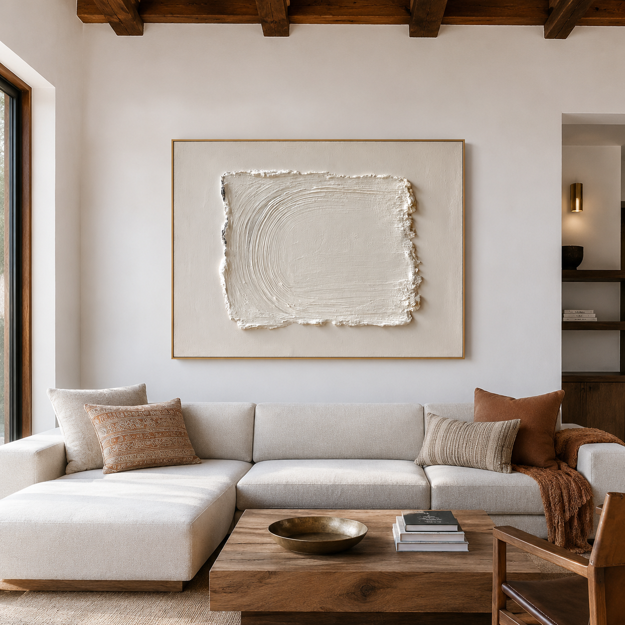 Minimalist textured abstract wall art with raised white rectangle brushstroke on soft cream beige background