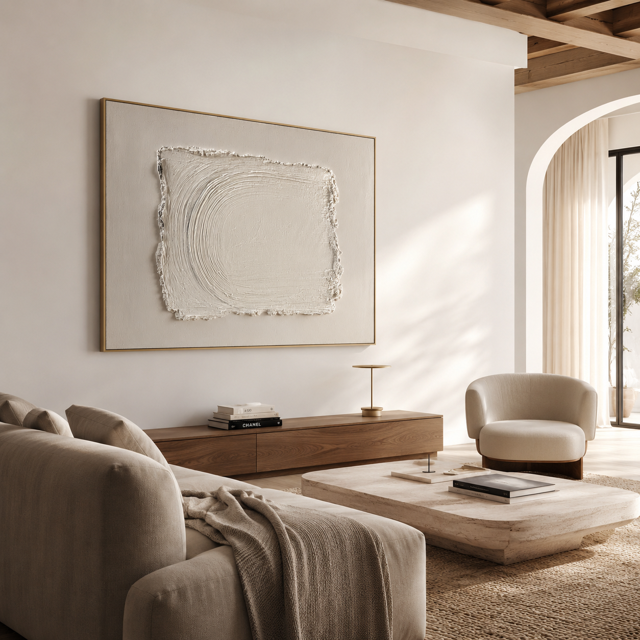 Minimalist textured abstract wall art with raised white rectangle brushstroke on soft cream beige background