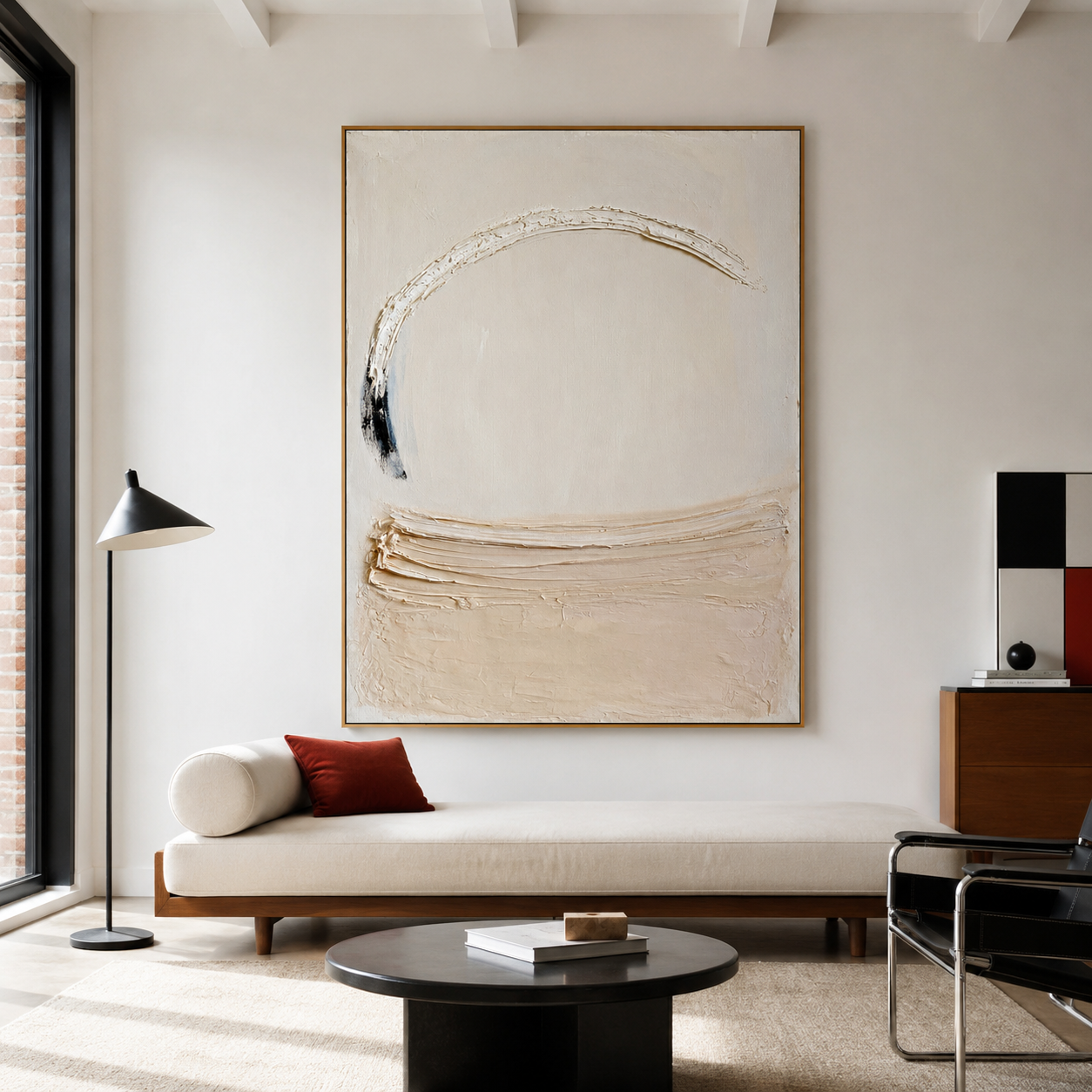 Minimalist textured abstract wall art with raised white arc, soft beige brushstroke, and black accent on neutral cream background