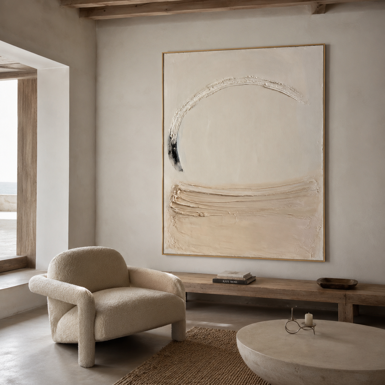 Minimalist textured abstract wall art with raised white arc, soft beige brushstroke, and black accent on neutral cream background