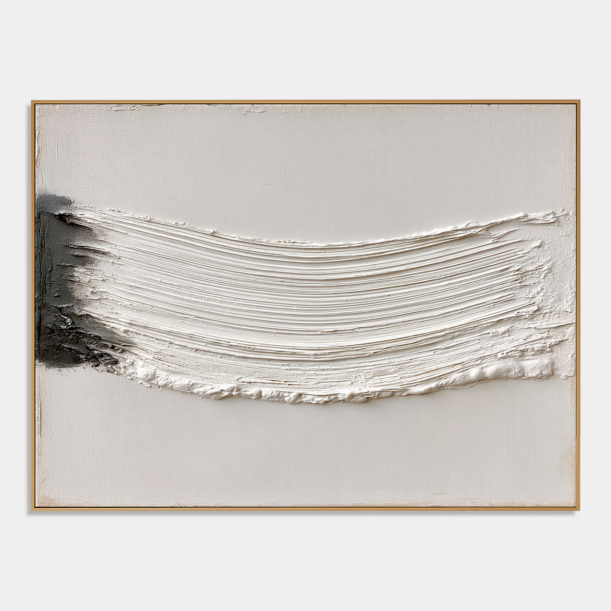 Minimalist textured abstract wall art with raised white wave brushstroke and dark gray black accent on neutral beige background