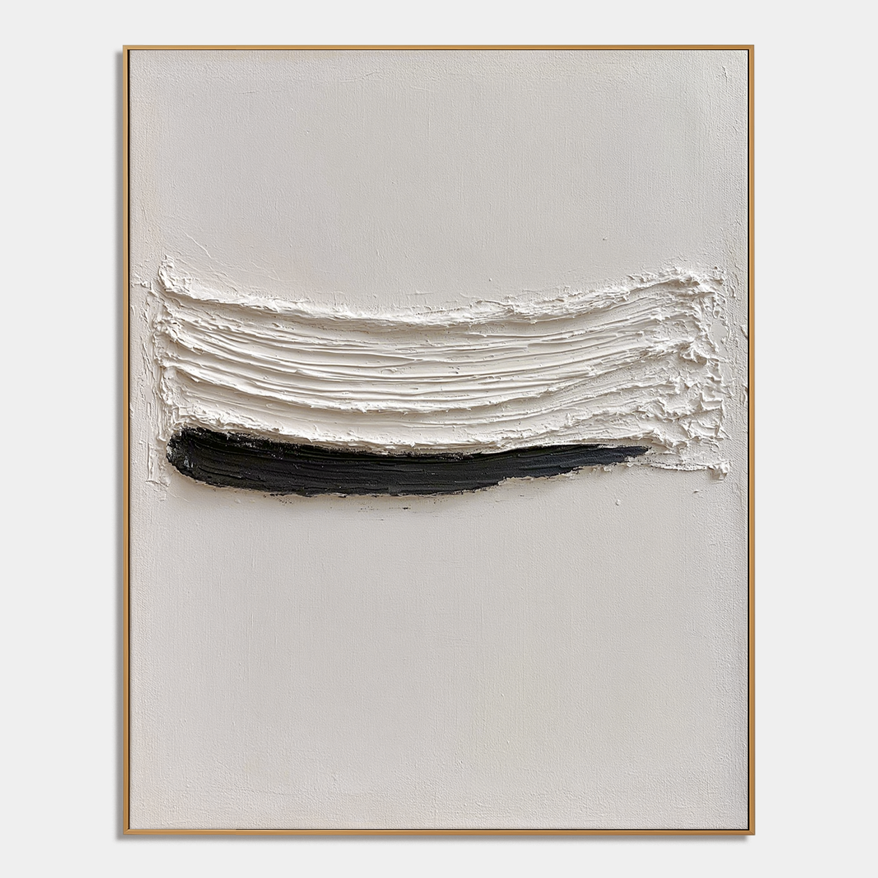 Minimalist textured abstract wall art with raised white brushstroke and black horizontal line on neutral cream background
