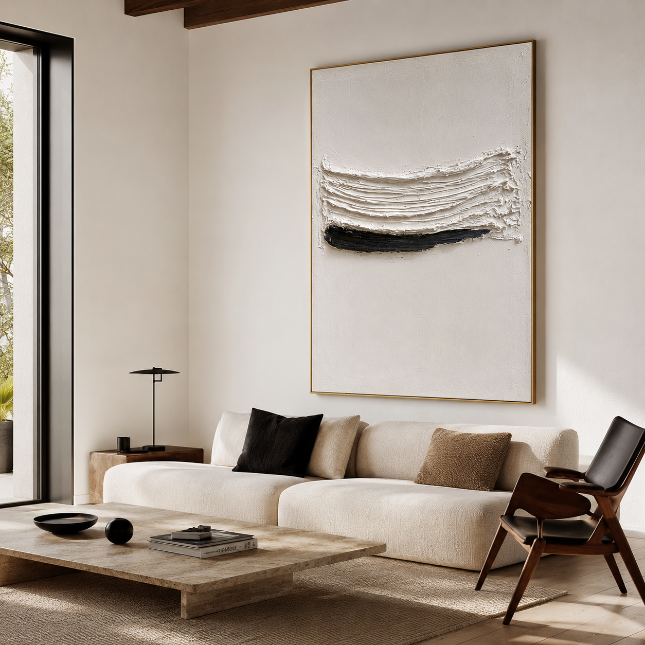 Minimalist textured abstract wall art with raised white brushstroke and black horizontal line on neutral cream background