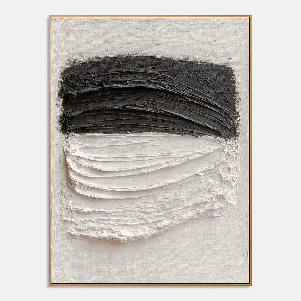 Black and white textured abstract wall art with layered charcoal and raised white brushstrokes on a neutral background