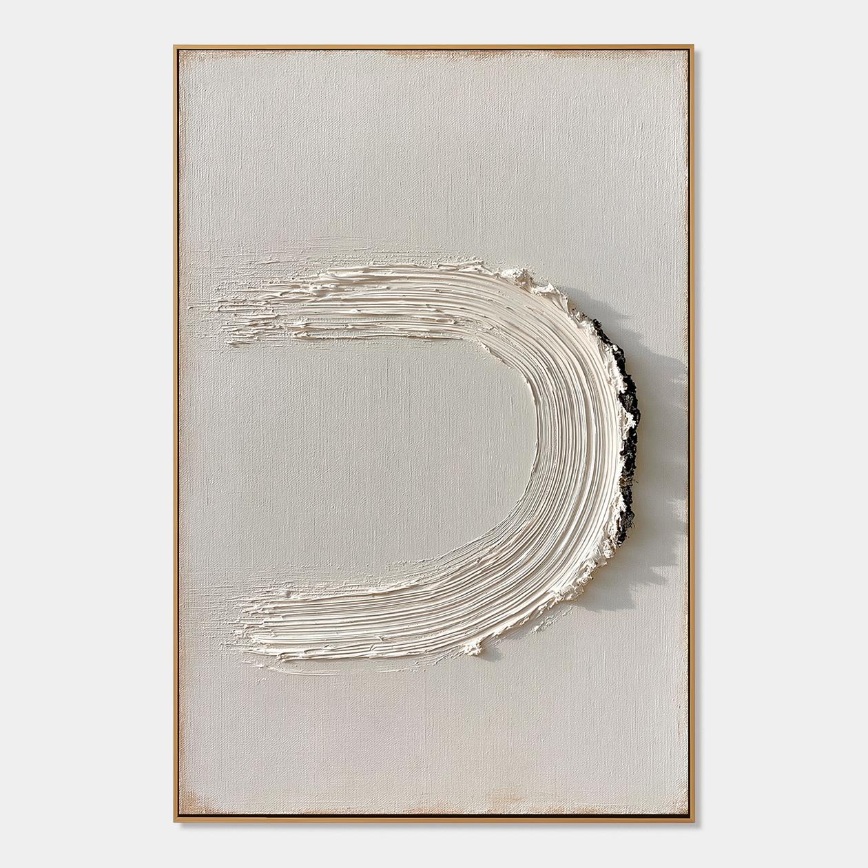 Minimalist textured abstract wall art with raised white U-shaped brushstroke and black accent on neutral cream background