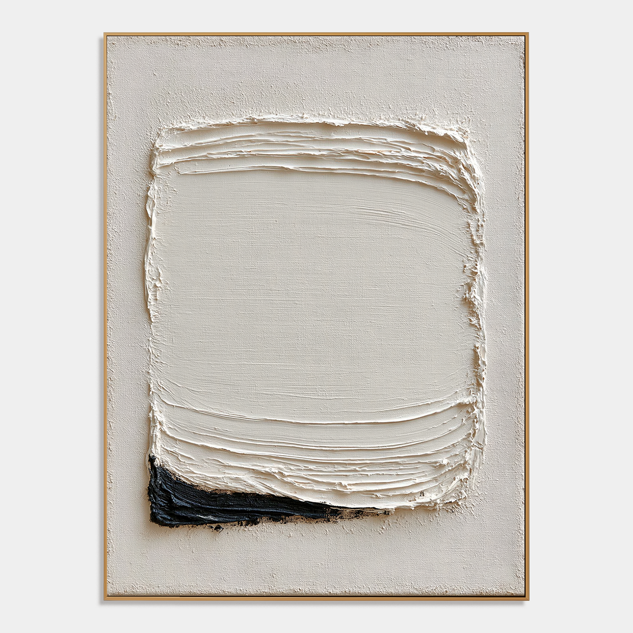 Minimalist white textured abstract wall art with layered brushstrokes and a small black accent on a cream background