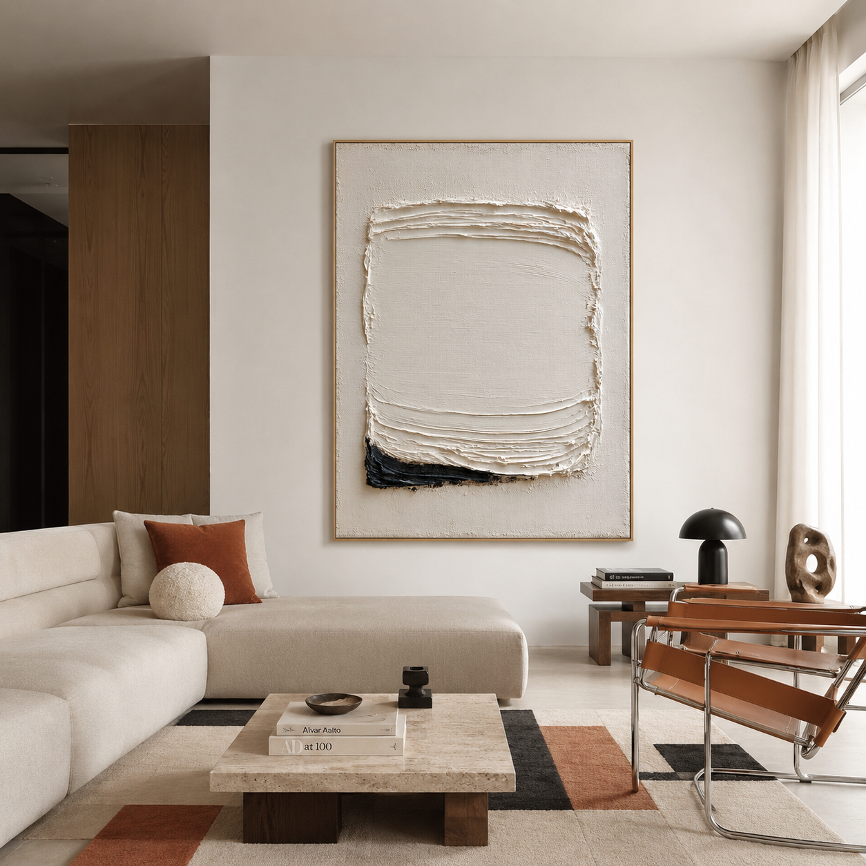 Minimalist white textured abstract wall art with layered brushstrokes and a small black accent on a cream background