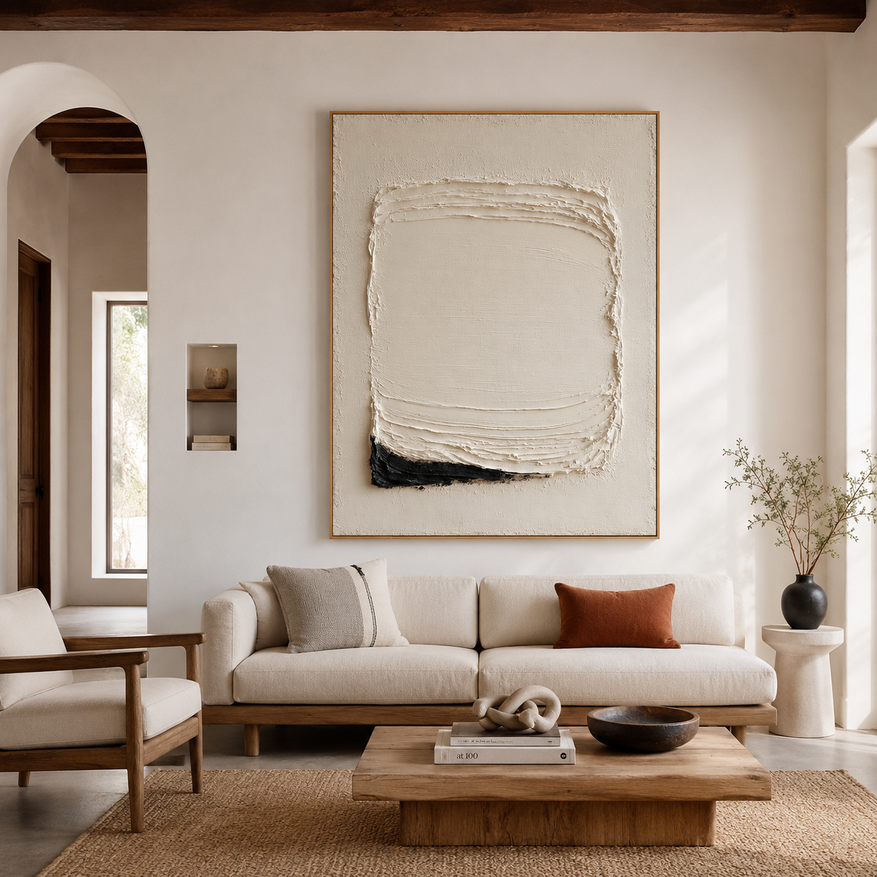 Minimalist white textured abstract wall art with layered brushstrokes and a small black accent on a cream background