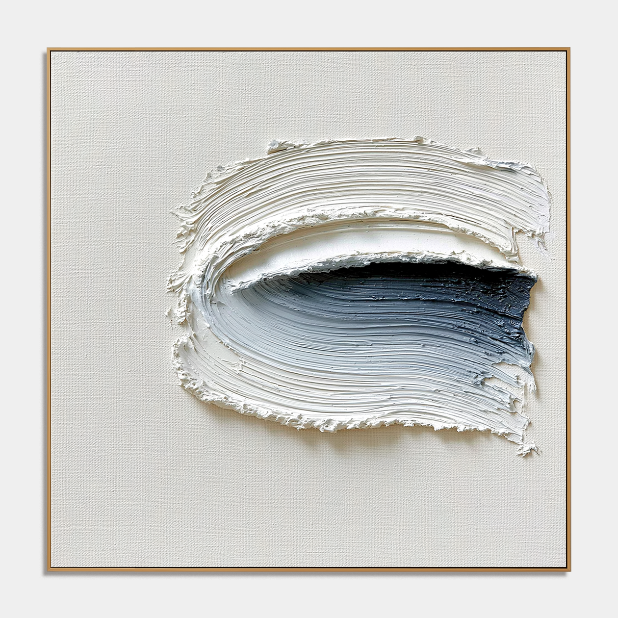 Blue gray textured abstract wall art with raised white curved brushstrokes and dark navy black accents