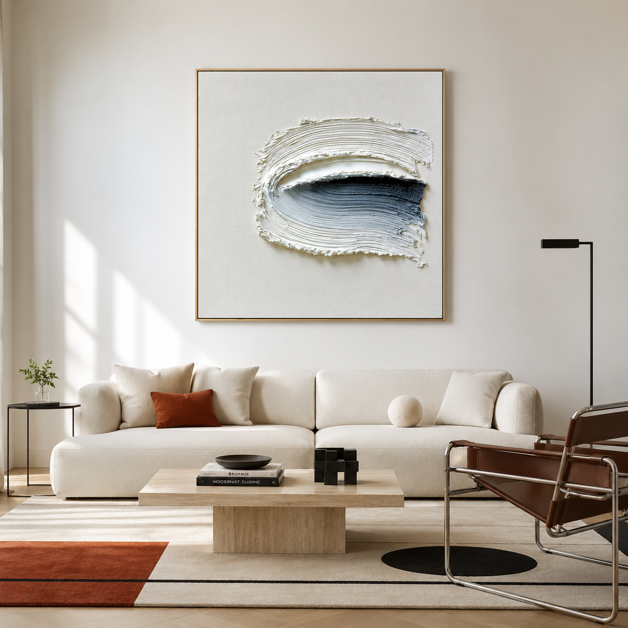 Blue gray textured abstract wall art with raised white curved brushstrokes and dark navy black accents