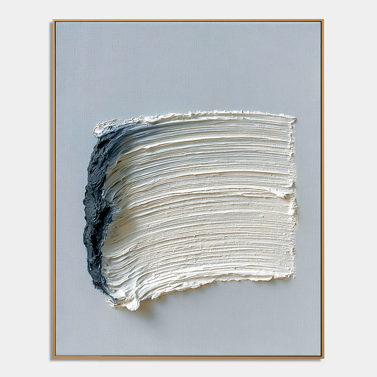 Blue and white textured abstract wall art with raised cream brushstrokes and deep navy accent on a pale blue background