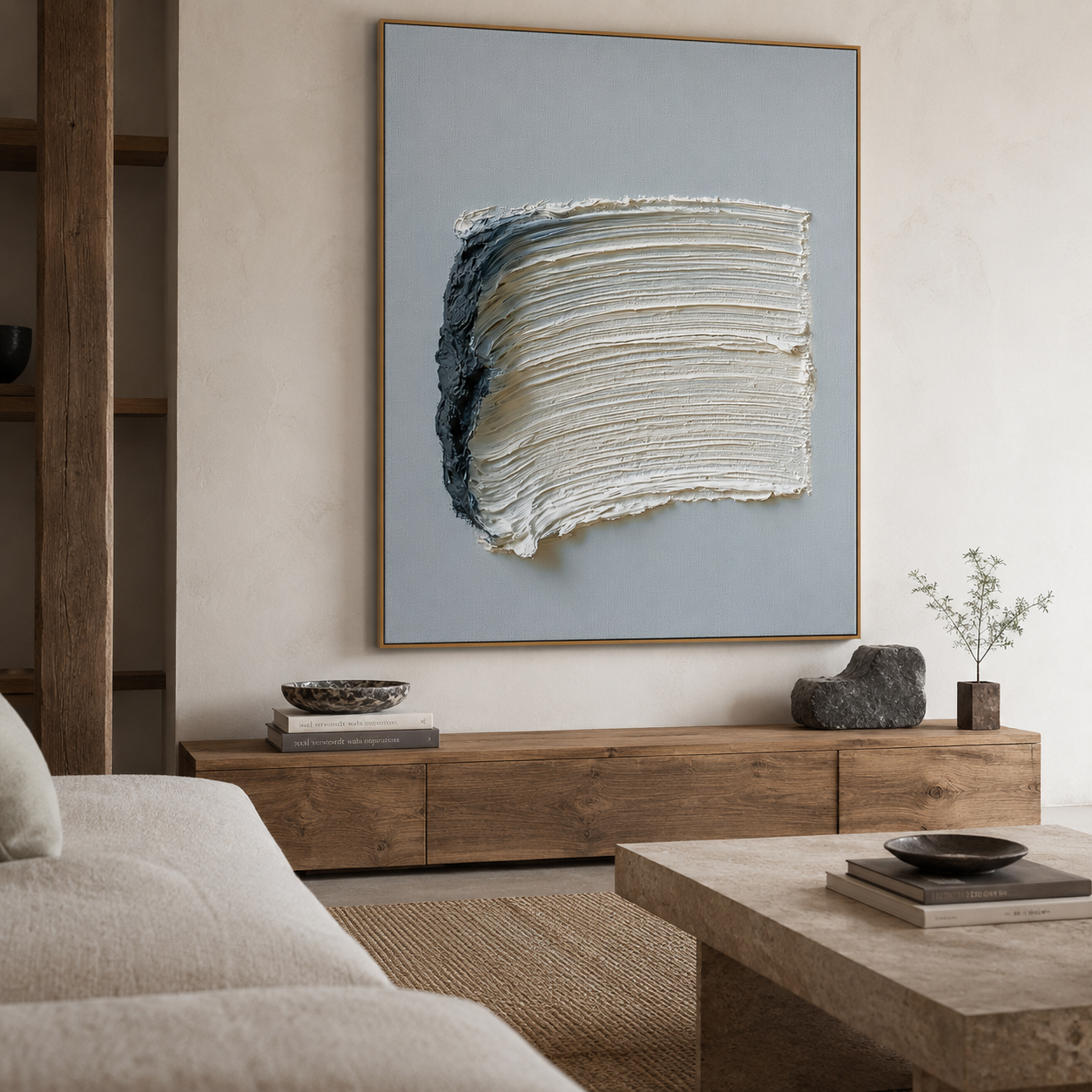 Blue and white textured abstract wall art with raised cream brushstrokes and deep navy accent on a pale blue background