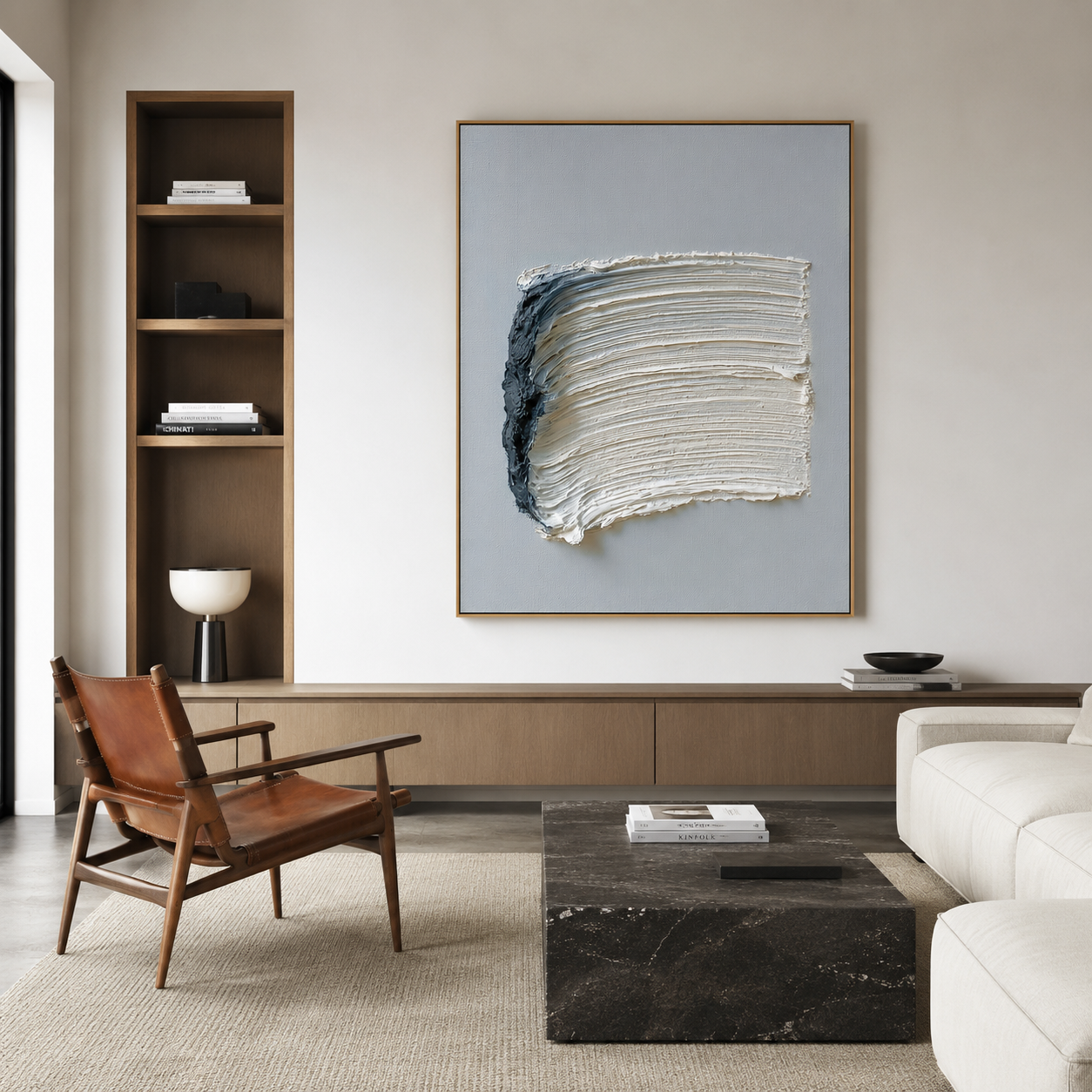 Blue and white textured abstract wall art with raised cream brushstrokes and deep navy accent on a pale blue background