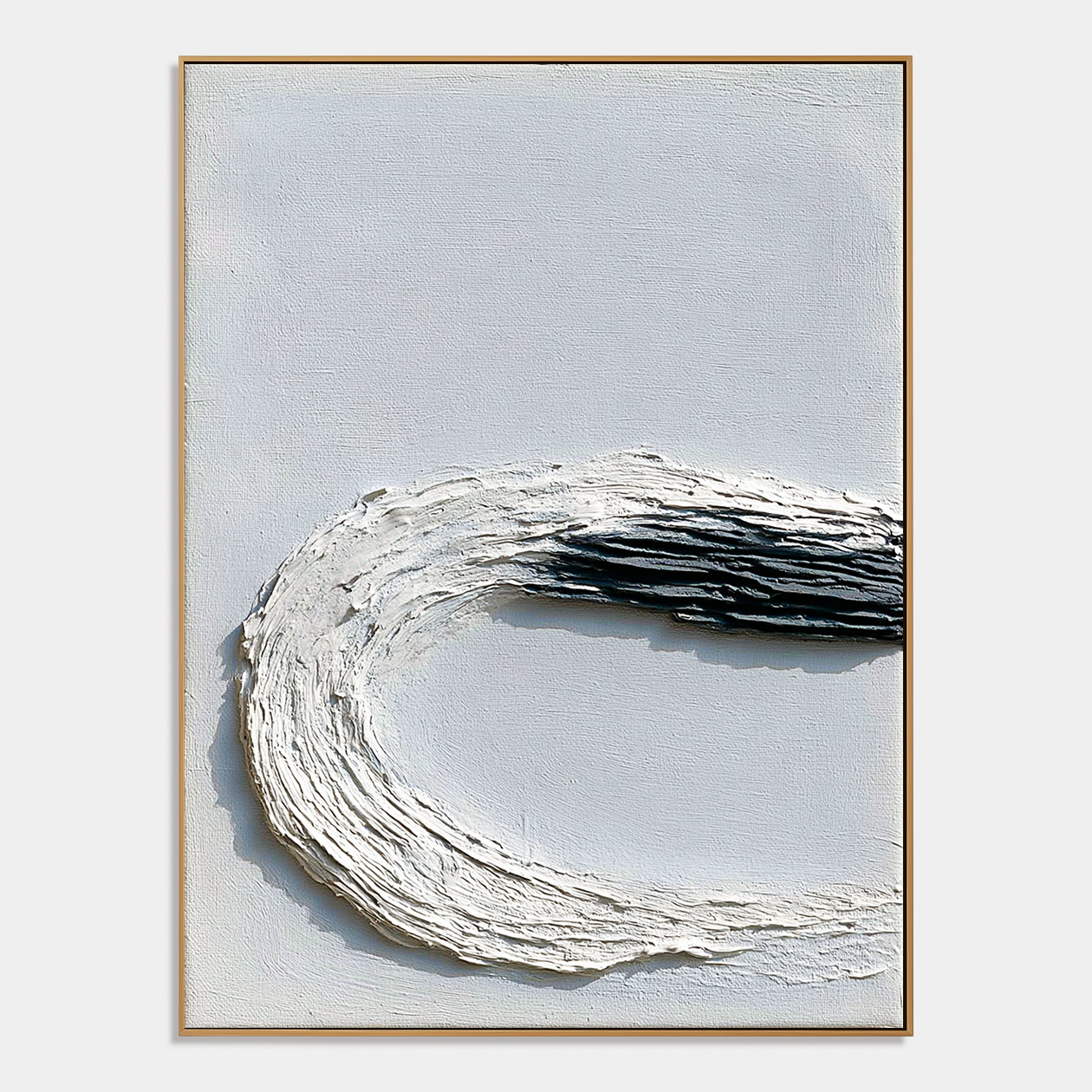 Blue textured abstract wall art with raised white curved brushstrokes and deep navy accents on a pale blue background