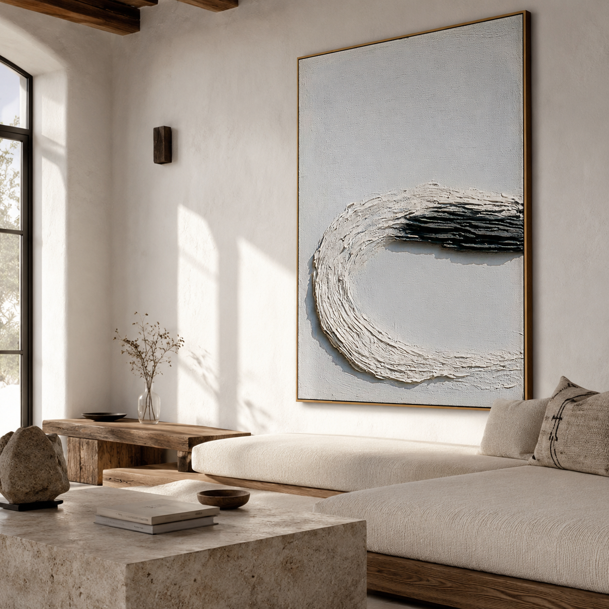 Blue textured abstract wall art with raised white curved brushstrokes and deep navy accents on a pale blue background
