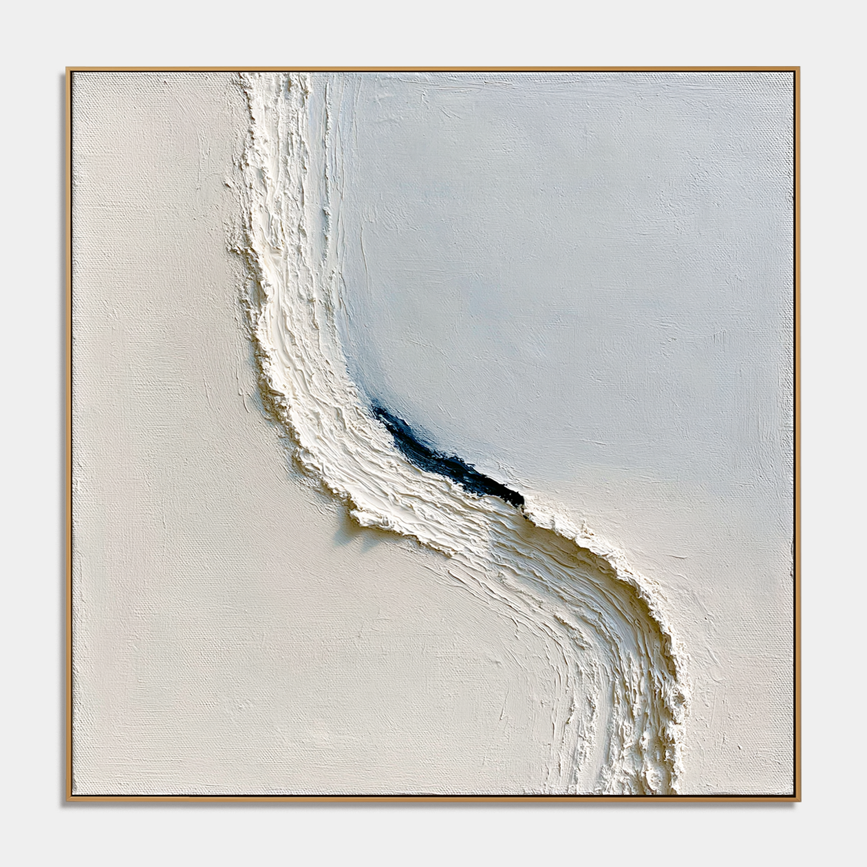 Blue and white textured abstract wall art with raised curved brushstroke and dark navy accent on a cream background