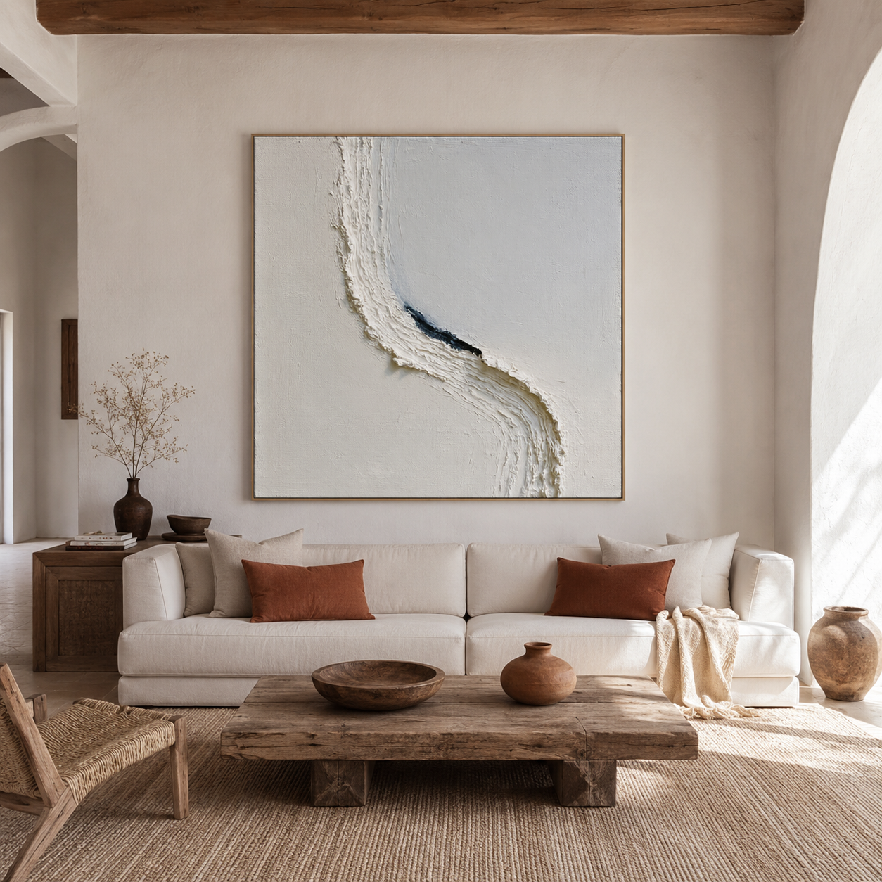Blue and white textured abstract wall art with raised curved brushstroke and dark navy accent on a cream background