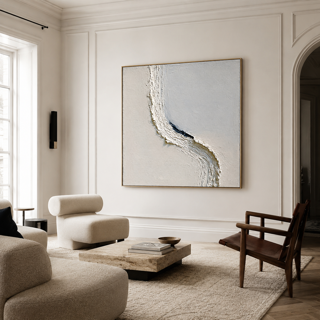 Blue and white textured abstract wall art with raised curved brushstroke and dark navy accent on a cream background