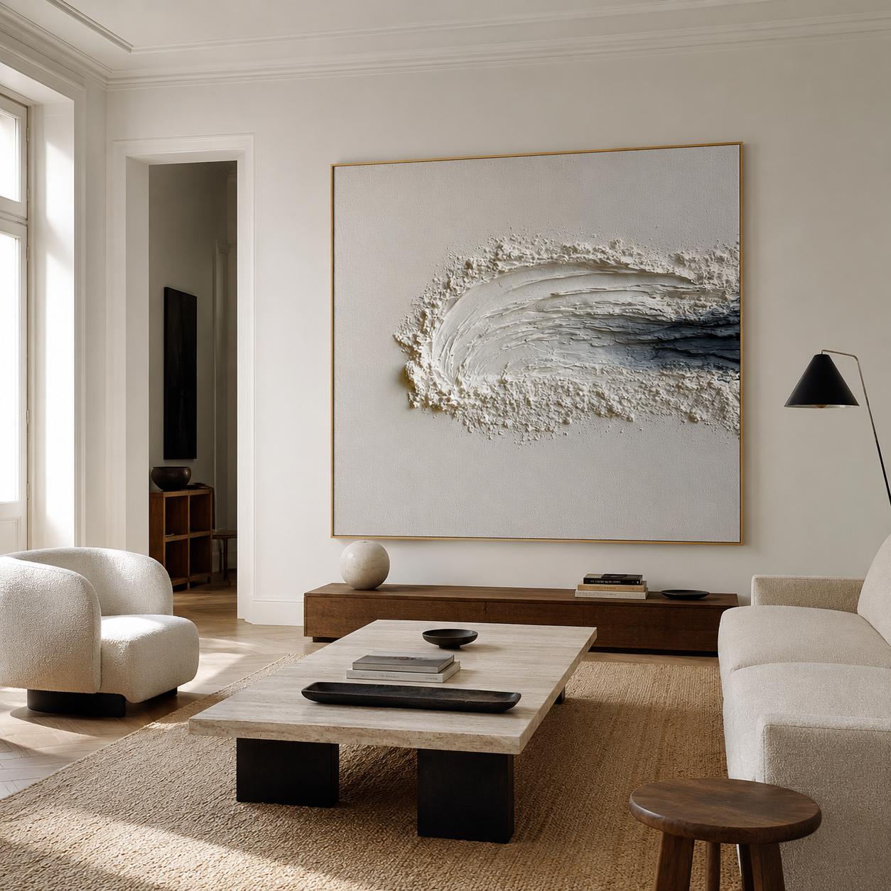 Blue and white textured abstract wall art with raised ocean wave brushstrokes and deep navy accents