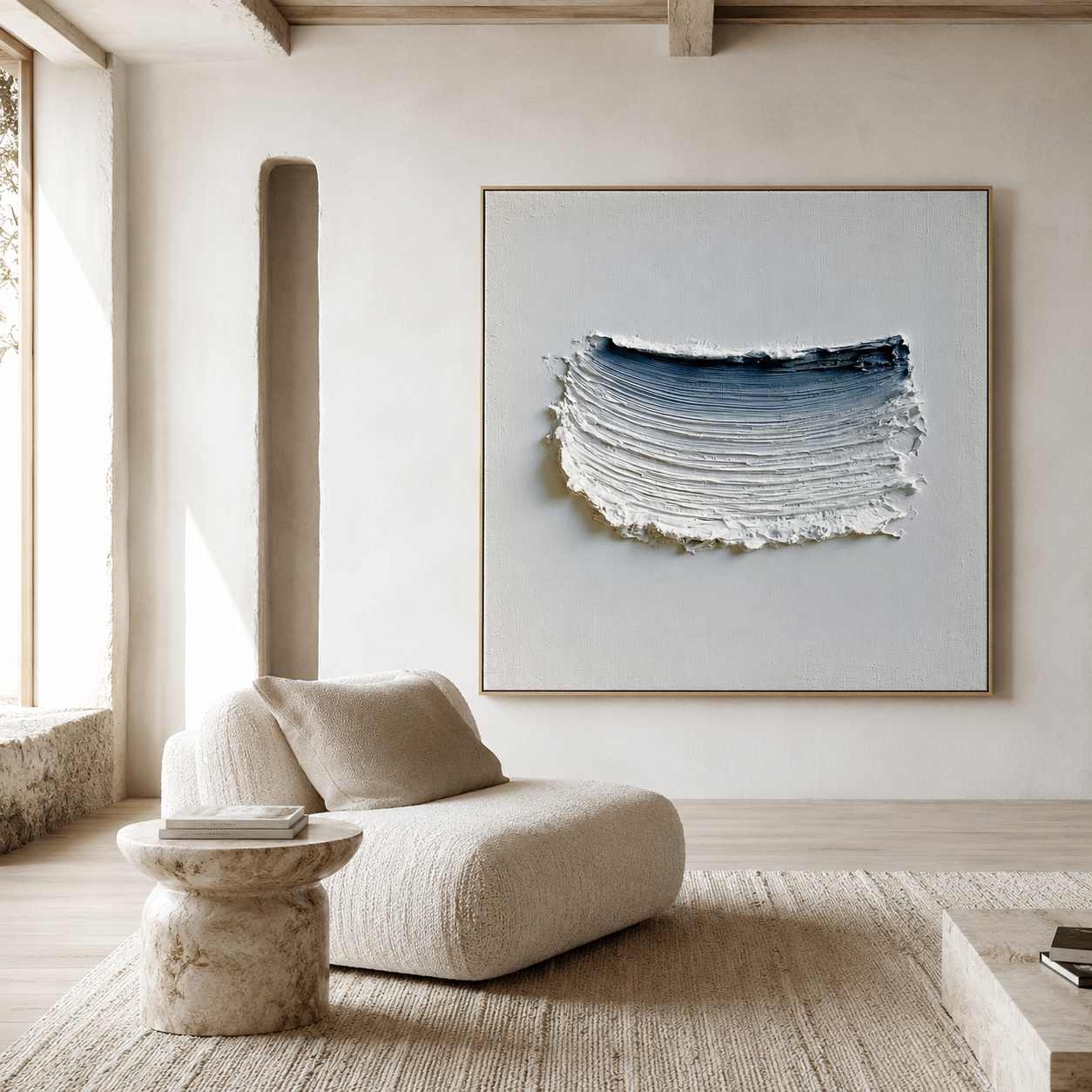 Blue textured abstract wall art with raised white brushstrokes and deep navy accent on a light neutral background