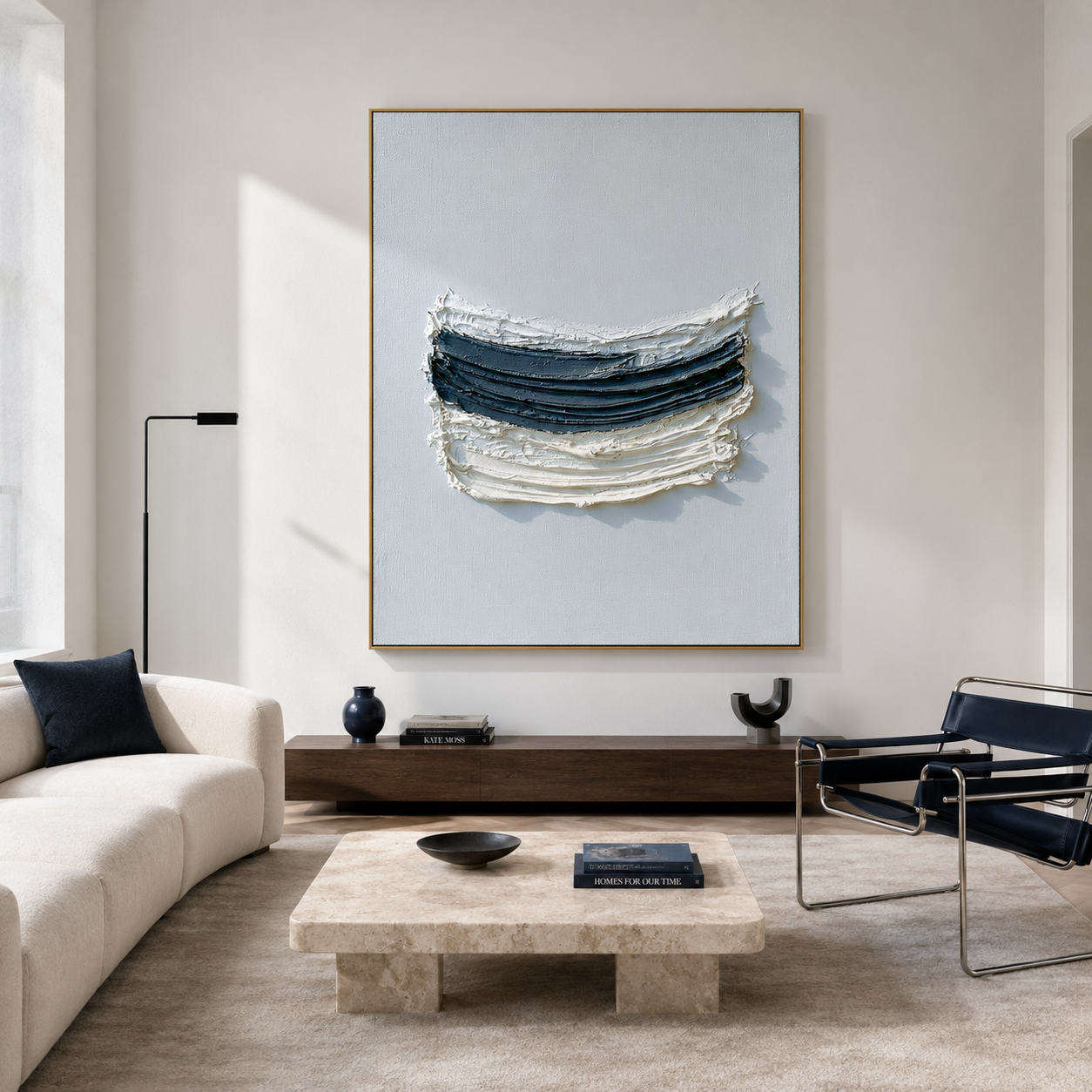 Blue and white textured abstract wall art with layered navy brushstrokes on a pale blue background