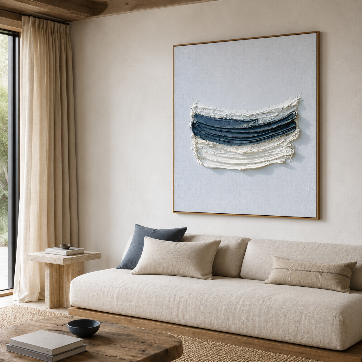 Blue and white textured abstract wall art with layered navy brushstrokes on a pale blue background
