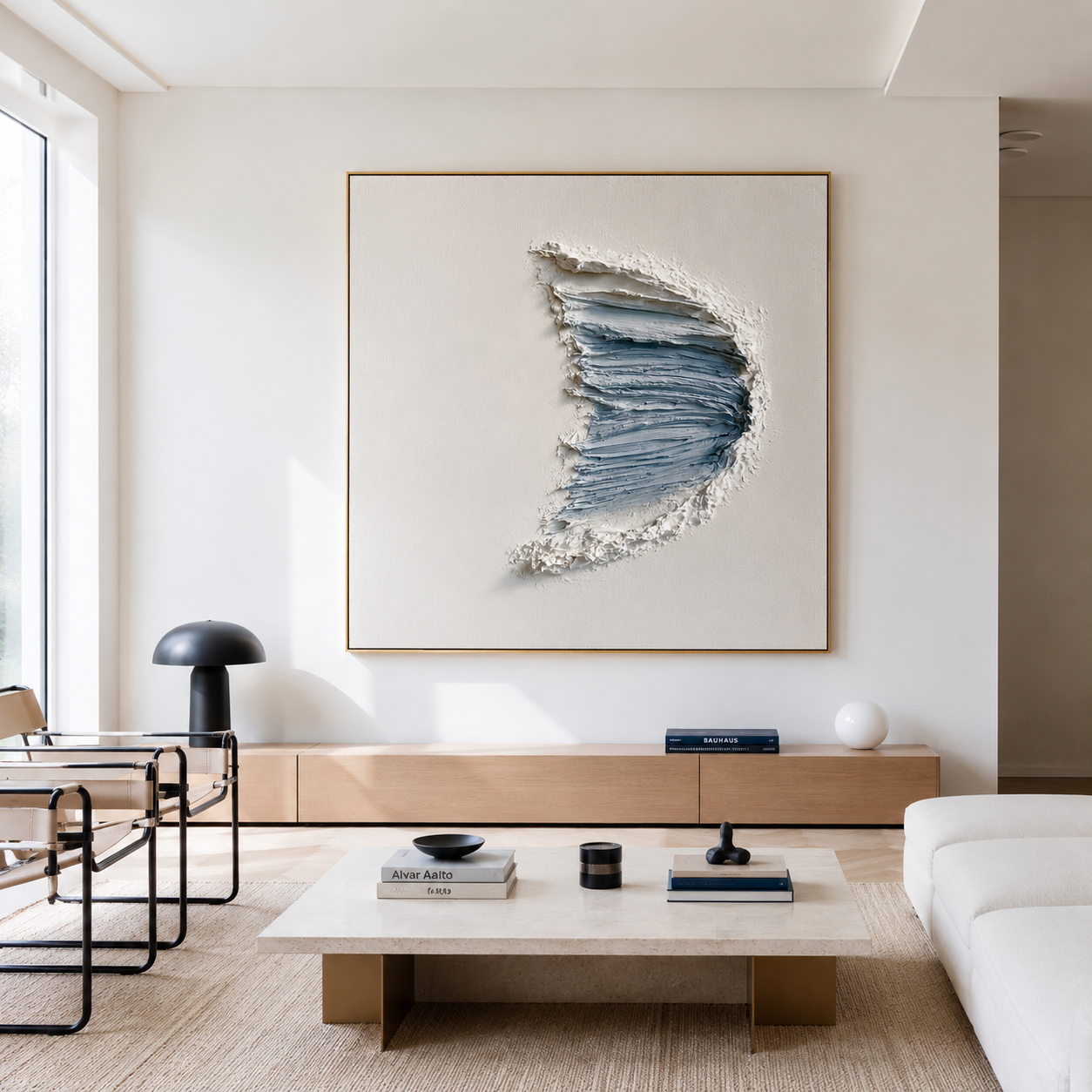 Blue textured abstract wall art with raised crescent brushstrokes in pale blue and white on a neutral background