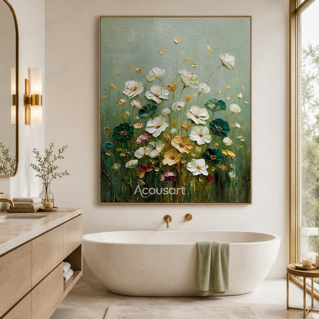 Textured wildflower wall art with white, dark green, gold, pink, and burgundy flowers on a soft sage green background