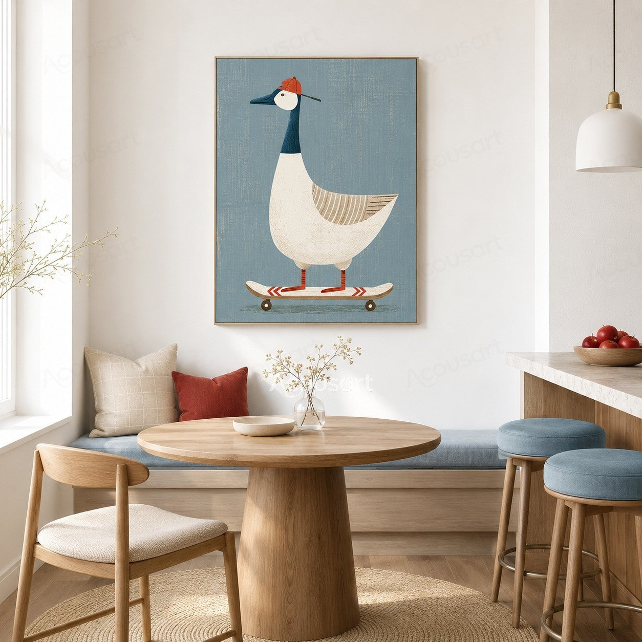 Playful textured goose wall art featuring a white goose wearing an orange hat riding a skateboard on a blue background