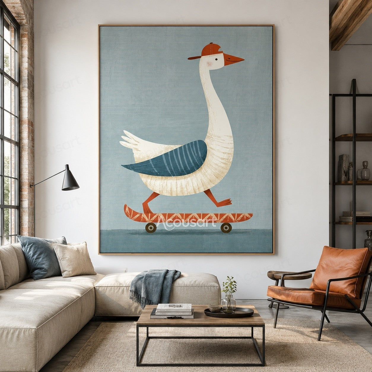 Cute white goose wearing a red cap riding a skateboard on a textured blue background wall art
