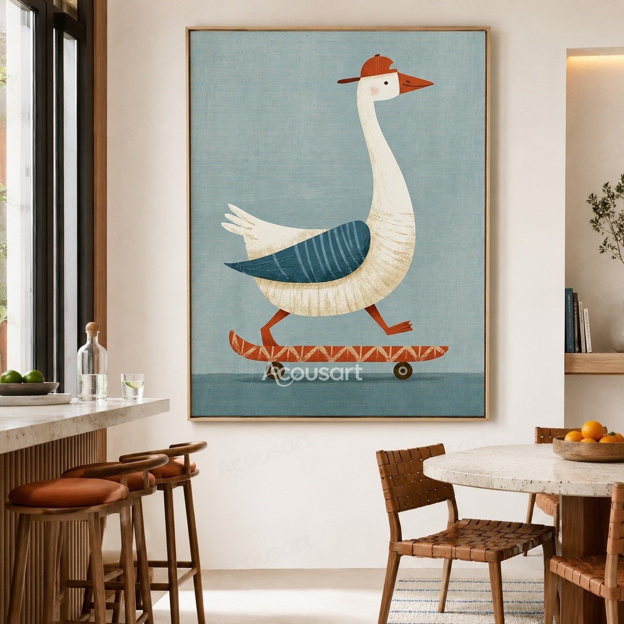 Cute white goose wearing a red cap riding a skateboard on a textured blue background wall art