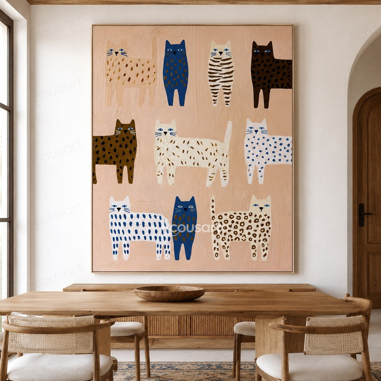 Colorful textured wall art featuring ten blue, white, brown, striped, and spotted cats on a blush beige background