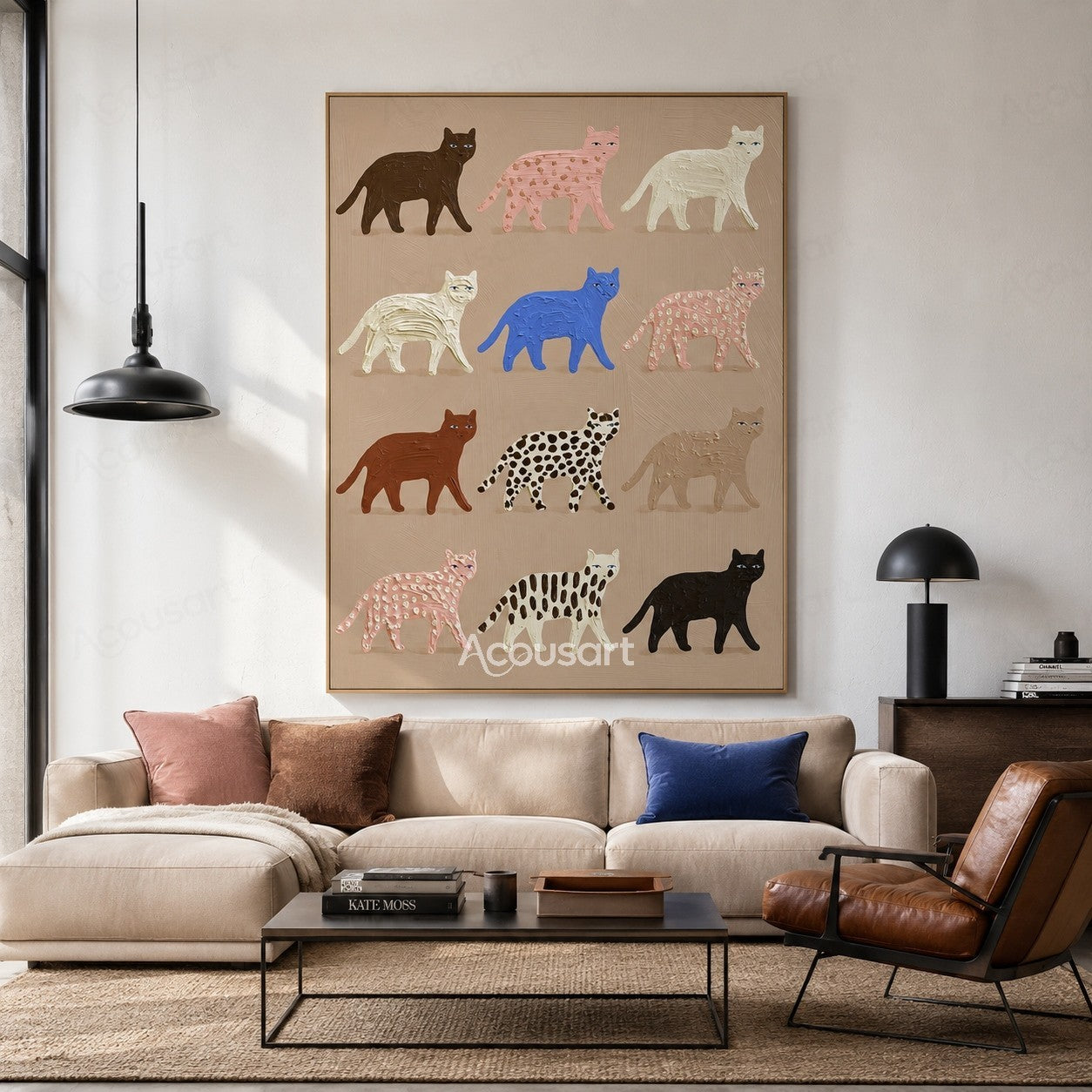 Colorful textured cat wall art featuring twelve cats in black, white, pink, blue, brown, striped, and spotted patterns