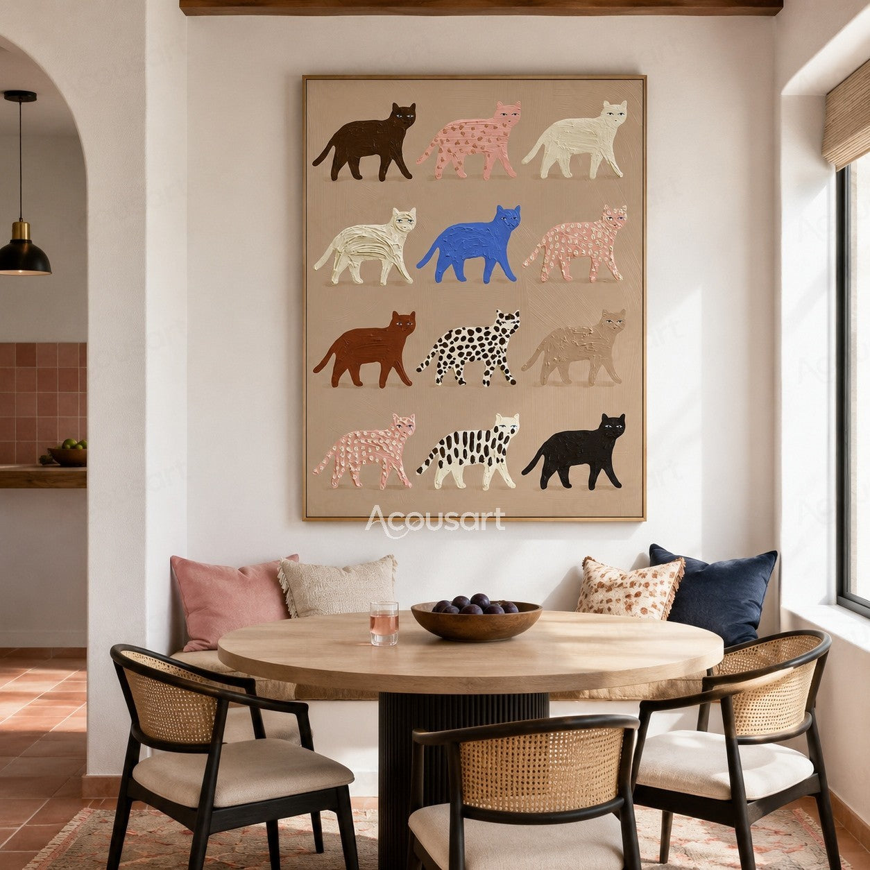Colorful textured cat wall art featuring twelve cats in black, white, pink, blue, brown, striped, and spotted patterns