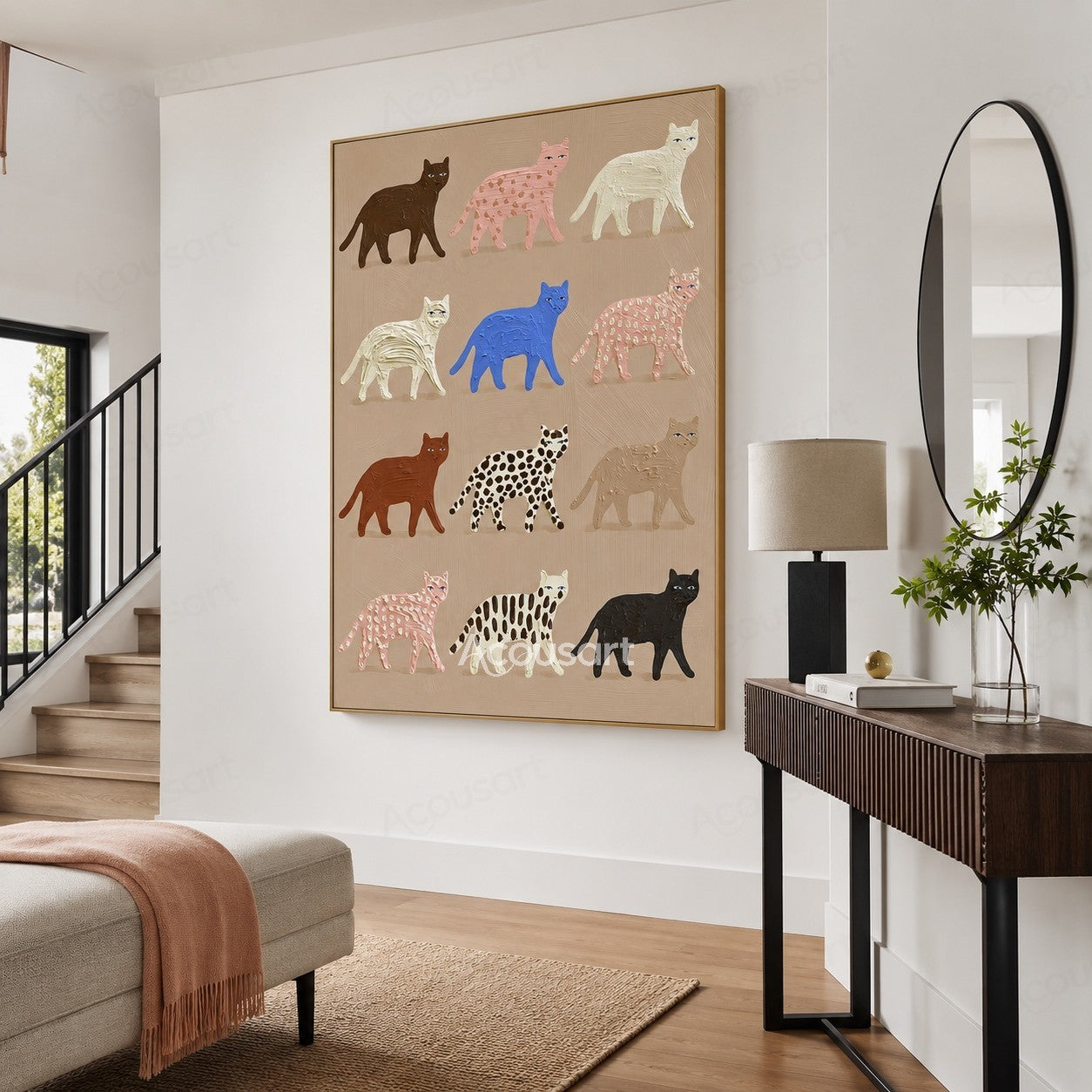Colorful textured cat wall art featuring twelve cats in black, white, pink, blue, brown, striped, and spotted patterns