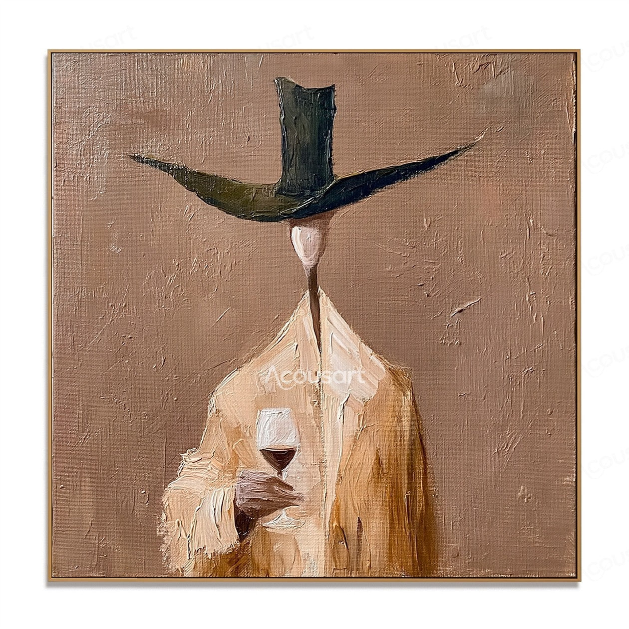 Modern figurative wine wall art of a stylish figure in a wide dark hat holding a red wine glass on a warm taupe textured background