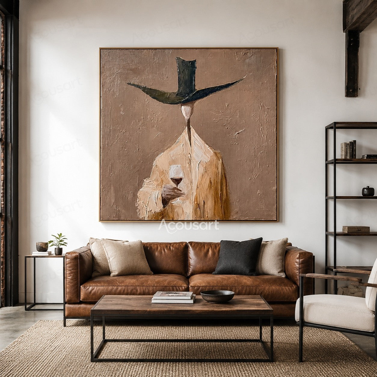 Modern figurative wine wall art of a stylish figure in a wide dark hat holding a red wine glass on a warm taupe textured background