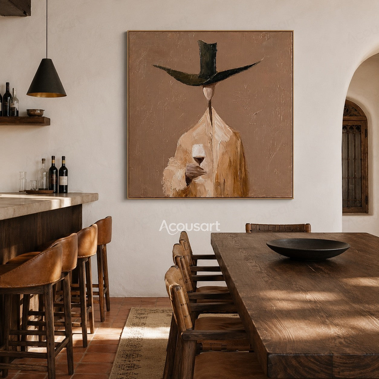 Modern figurative wine wall art of a stylish figure in a wide dark hat holding a red wine glass on a warm taupe textured background